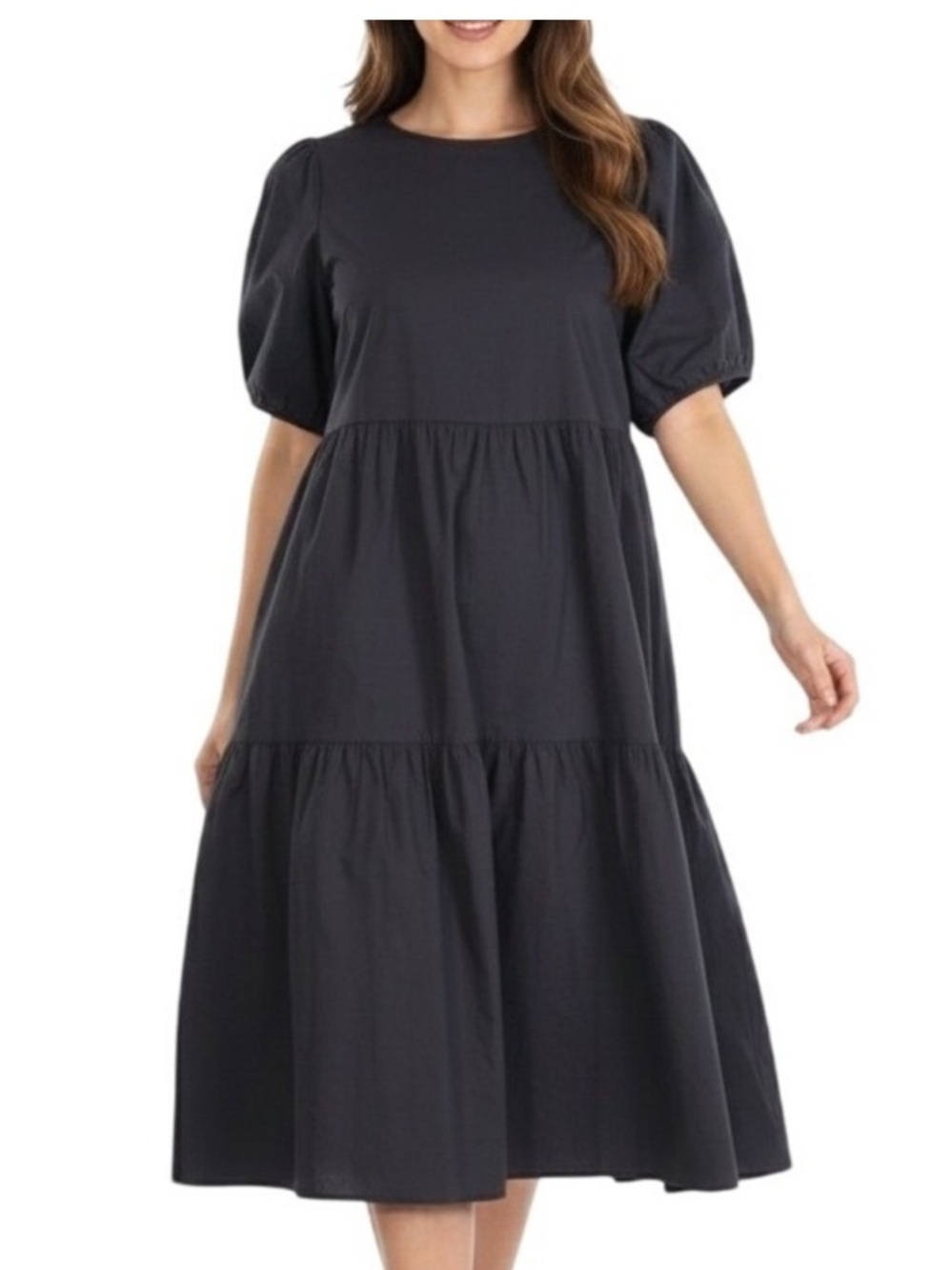 EVERLANE Black Puff-Sleeve Tiered Midi Dress Size 6 Crisp Airy Cotton Breezy - Picture 2 of 12